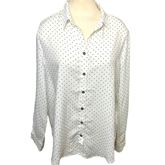jane & Delancey White Flowy Blouse Button Down Brown Dots Relax Hi Low Tunic M - Picture 1 of 12